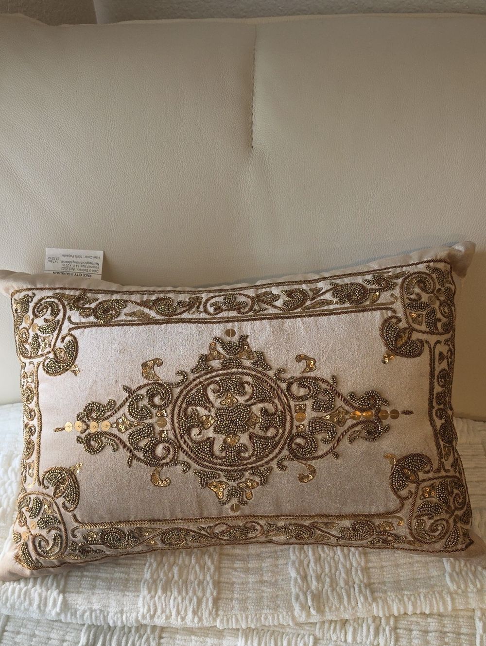 Embellished Cream and Gold Medallion Decorative Accent Pillow